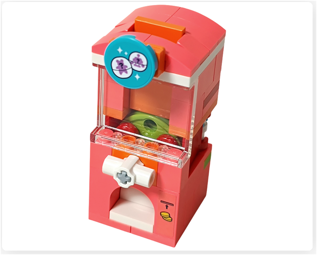 レゴ フレンズ 42674 フローズンドリンク店の完成したカプセルマシン。正面パネルを装着したガチャ風デザイン。