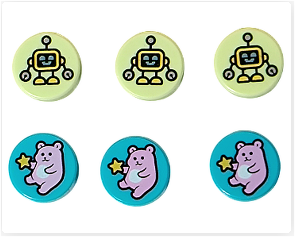 レゴ フレンズ 42674 プセルマシン用景品メダル。ロボット柄とクマ柄の丸いメダルパーツが並んでいる。
