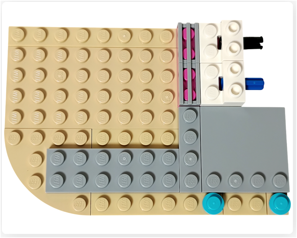 レゴ フレンズ 42674 組立レビュー第1部の床組立工程。フローズンドリンクのお店の床が拡張され、グレーとベージュのパーツでエリア分けされた土台構造。