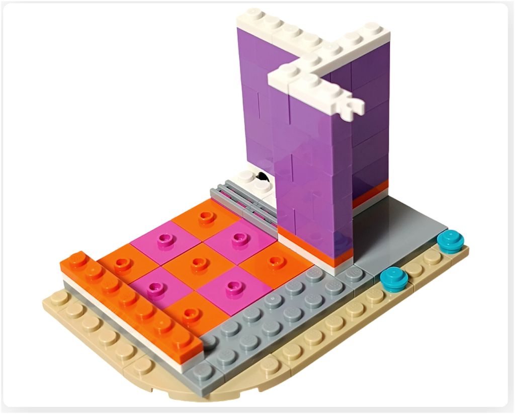 レゴ フレンズ 42674 組立レビュー第1部の壁組立工程。フローズンドリンクのお店の床奥に、紫色の壁パーツを立ち上げた初期段階の構造。