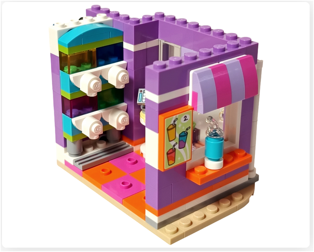 レゴ フレンズ 42674 組立レビュー第1部のフローズンドリンクマシン設置工程。フローズンドリンクのお店の内部に、複数の注ぎ口を持つドリンクマシンを取り付けた完成直前の状態。