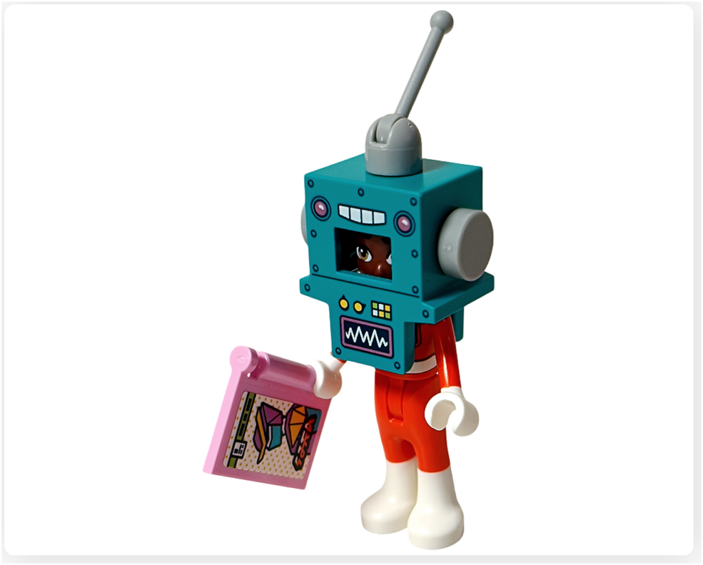 レゴ フレンズ 42674 組立レビュー第2部のザック正面写真。ロボットの被り物を着用し、タイルパーツを手に持ったザックのミニドールを正面から撮影した状態。