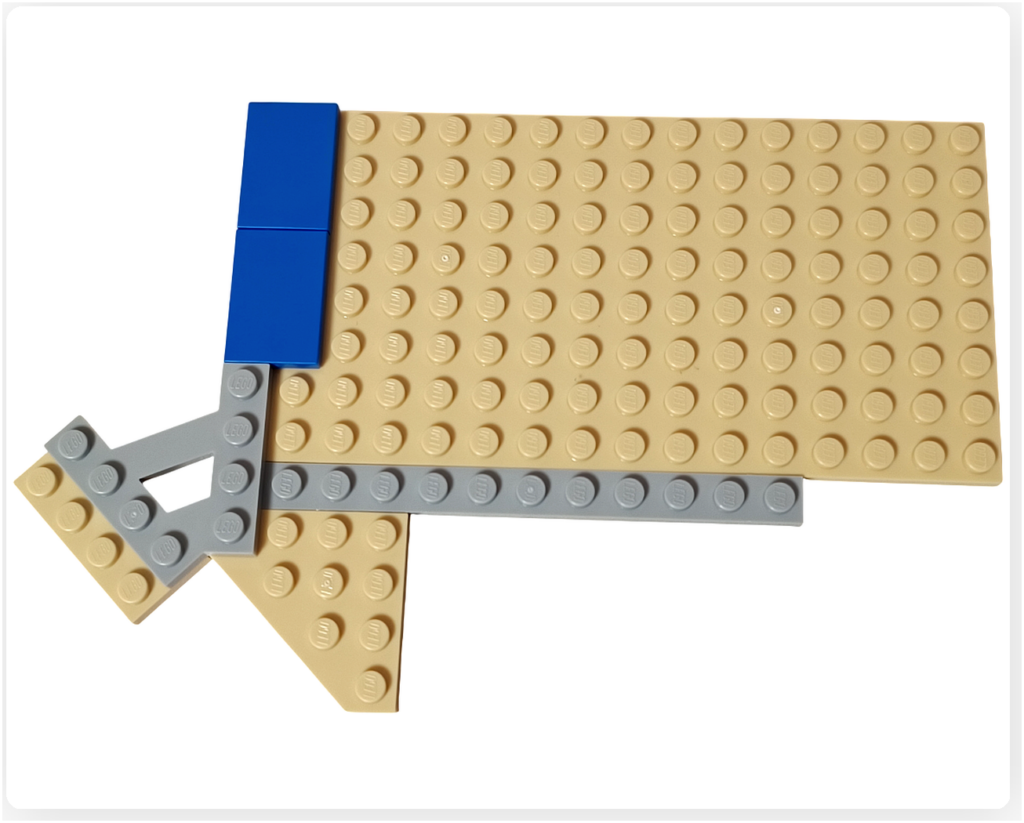 レゴ フレンズ 42674 組立レビュー第2部の1階コミックショップ床写真。ベージュのベースプレートと接続用パーツを配置し、床の形を組み立てている状態。