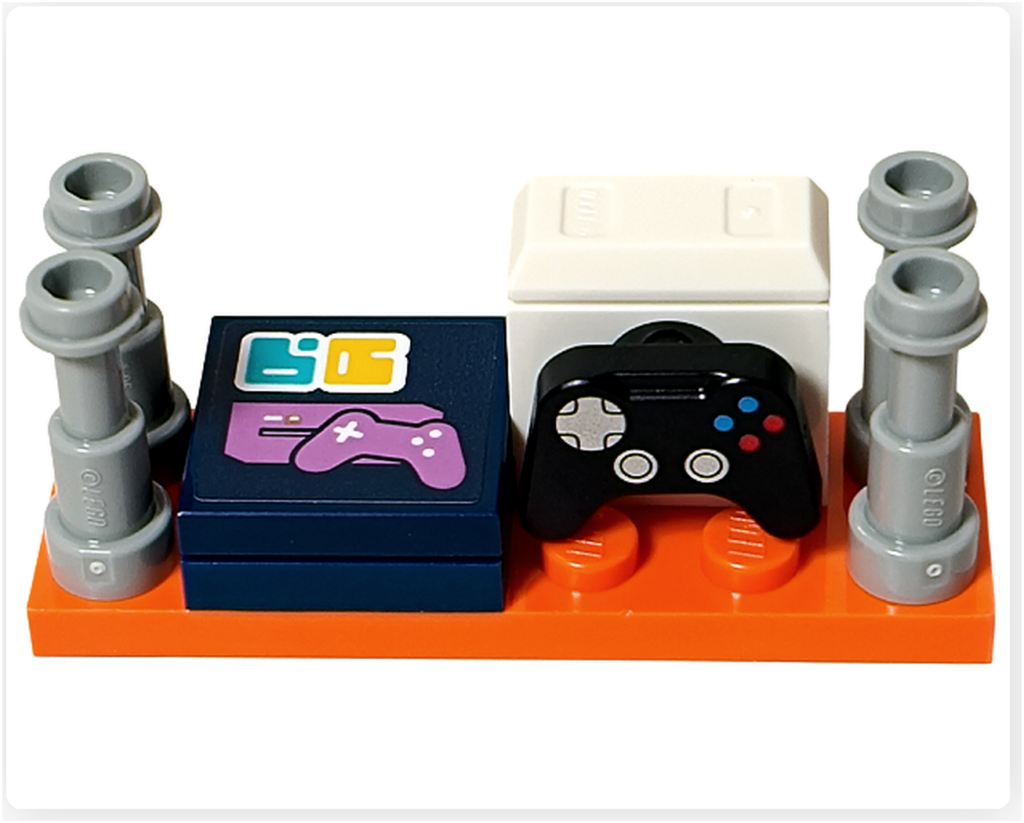 レゴ フレンズ 42674 組立レビュー第2部のファンタジー系ディスプレイ写真。オレンジのプレートと支柱パーツでディスプレイ棚のベースを組み立てた状態。