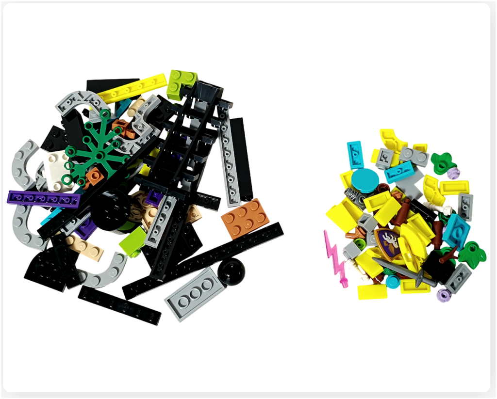 レゴ フレンズ 42674 組立レビューの写真。袋6の開封パーツ一覧。黒いフレームパーツや曲線パーツ、黄色・水色の装飾パーツ、小物アクセサリーが並んでいる様子。