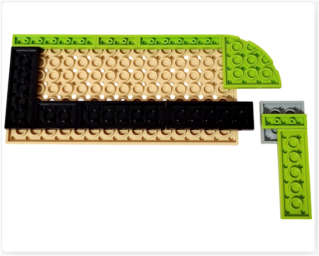 レゴ フレンズ 42674 コミックショップとゲームセンターの2階床を裏側から組み立てている工程。ベースプレートに補強用パーツやフレームが配置され、上階空間を支える構造がわかる状態。