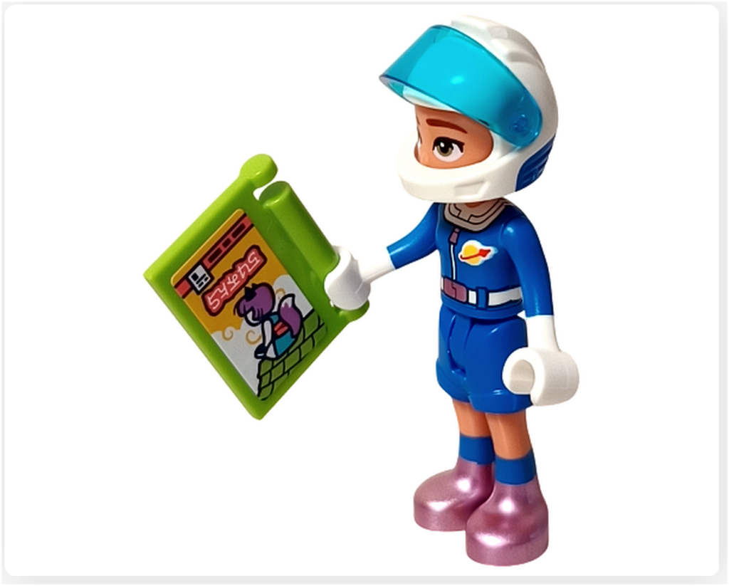 レゴ フレンズ 42674 コミックショップとゲームセンターのミニドール「ノヴァ」正面。ヘルメットを着用し、ゲームソフトを持った姿で、ゲームセンター利用シーンを想定したキャラクター造形。
