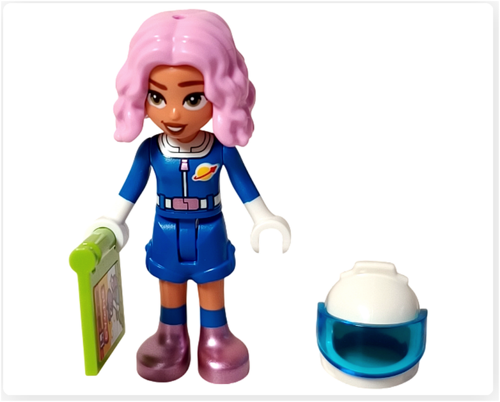 レゴ フレンズ 42674 コミックショップとゲームセンターのミニドール「ノヴァ」。ヘルメットを外し、ゲームソフトを手に立っている姿で、2階ゲームセンターでくつろぐシーンを表現している。