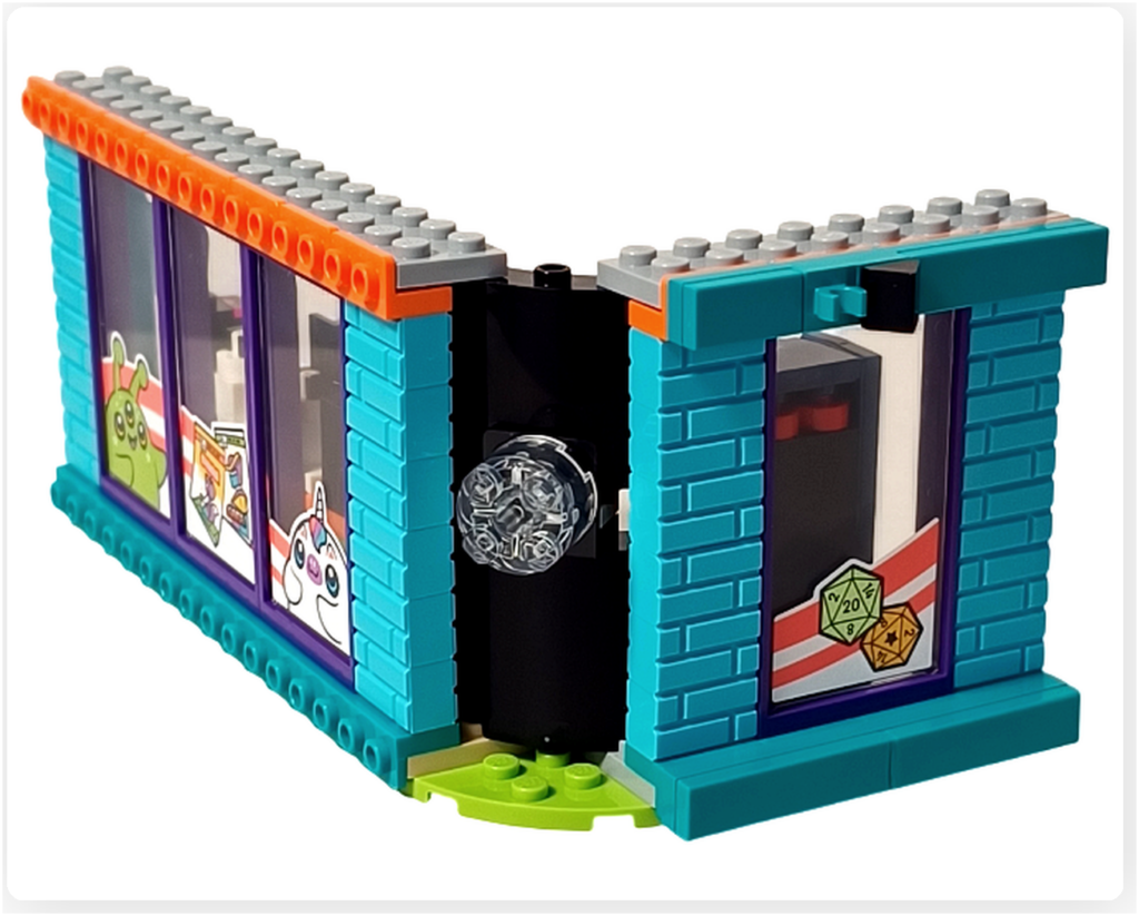 レゴ フレンズ 42674 コミックショップとゲームセンターの2階外観。コーナー部分に装飾パーツが取り付けられ、建物の立体感や街角としての表情がわかる構造。