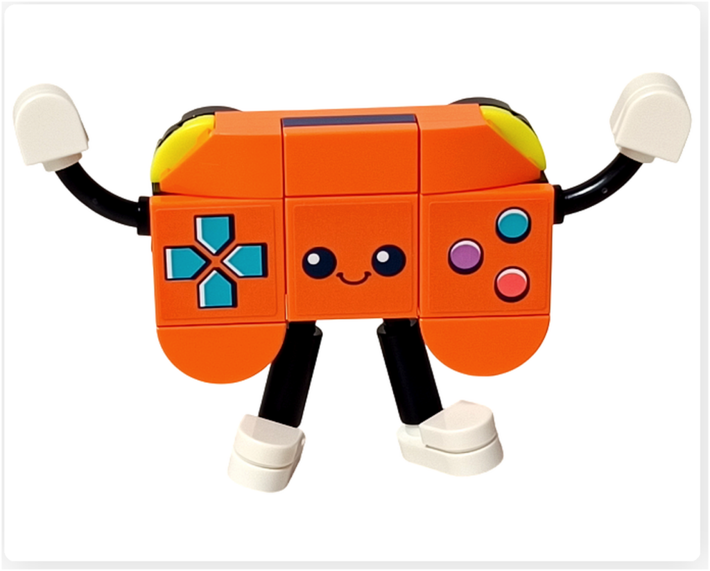 レゴ フレンズ 42674 コミックショップとゲームセンターのゲームコントローラー型マスコット完成形。コントローラーをモチーフにした表情豊かなデザインで、店内装飾として配置できるキャラクター。