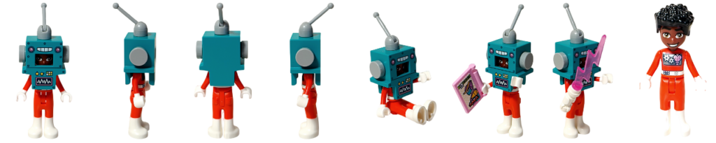 LEGO フレンズ 42674 ザック ミニドール 写真ギャラリー サムネイル 正面 背面 側面 ロボット被り物 座りポーズ コミック持ち ソード装備と素顔バリエーション一覧