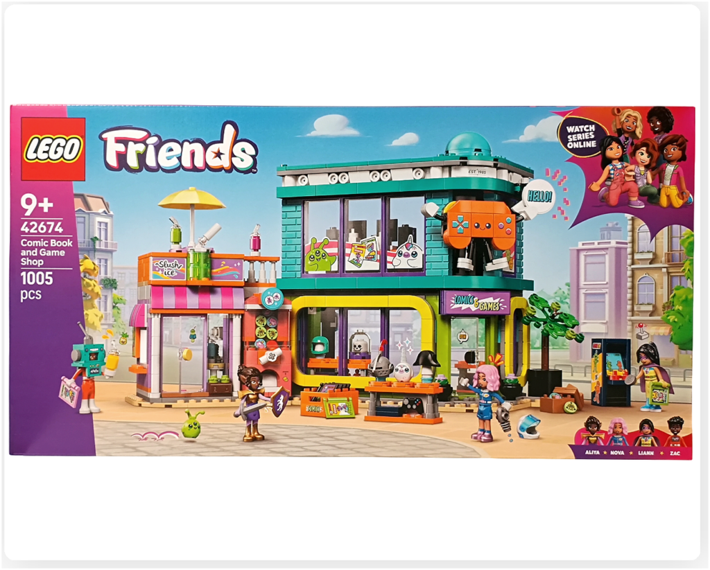 レゴ フレンズ 42674「コミックショップとゲームセンター」パッケージ正面 建物全体とミニドール4体