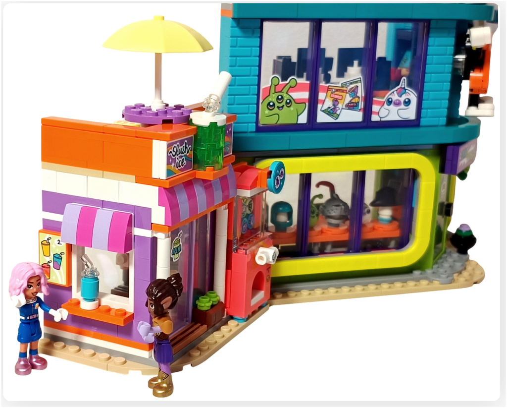 レゴ フレンズ 42674「コミックショップとゲームセンター」完成シーン フローズンドリンク店で休憩するアリヤとノヴァ