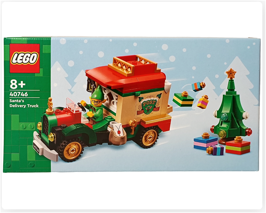 レゴ 40746 シーズナル クリスマスプレゼント配達トラックのパッケージ正面。エルフが乗ったトラックや小さなツリー、プレゼントが描かれた外箱デザインで、セット全体の内容が分かる写真です。
