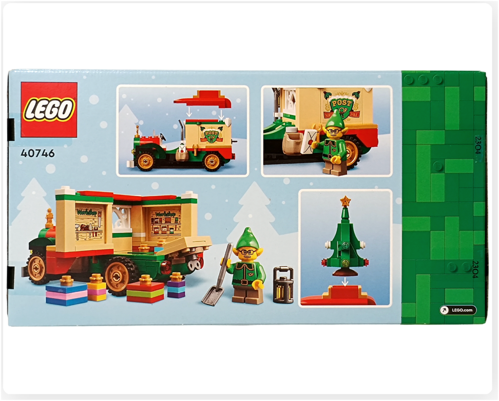 レゴ 40746 シーズナル クリスマスプレゼント配達トラックのパッケージ裏面。屋根の開閉ギミックや荷台の内装が描かれた裏面デザインの写真です。