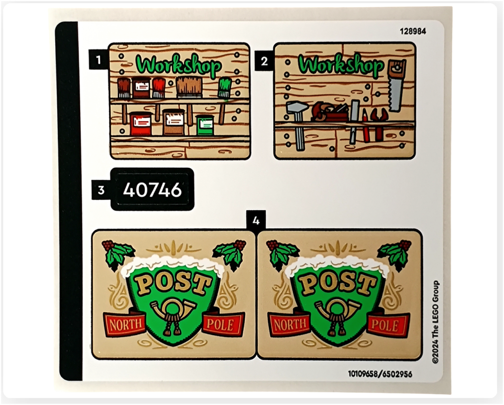 レゴ 40746 シーズナル クリスマスプレゼント配達トラックのステッカーシート。棚やNorth Pole POSTの紋章など内装デザインを確認できる構図です。