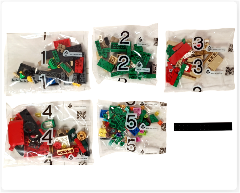 レゴ 40746 シーズナル クリスマスプレゼント配達トラックの内容物。番号付きパーツ袋5つと長いパーツが並び、組立工程の構成が分かる写真です。