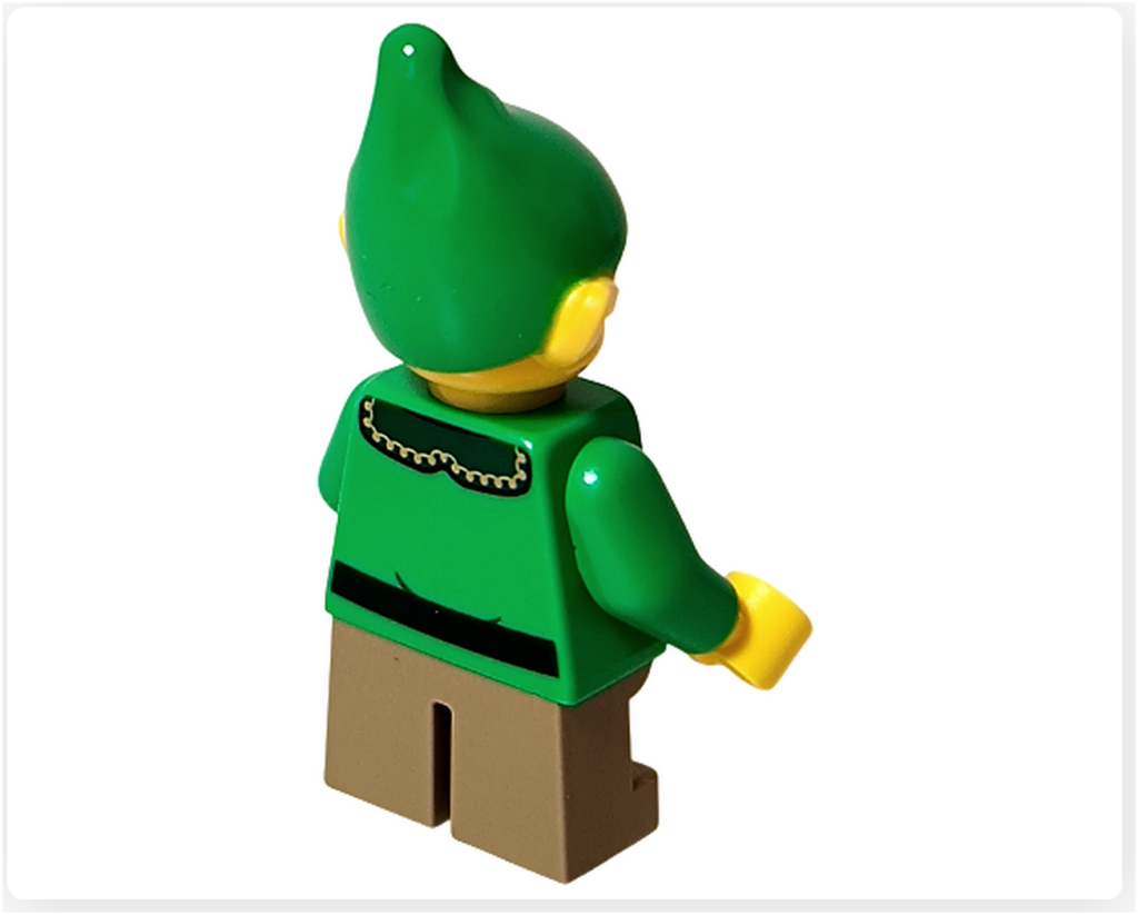 レゴ 40746 シーズナル クリスマスプレゼント配達トラックのエルフミニフィグ背面。金色の背中の模様や緑の上着が見える後ろ姿の写真です。