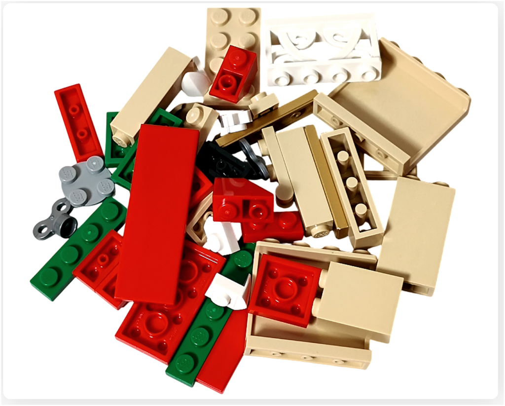 レゴ 40746 シーズナル クリスマスプレゼント配達トラックの袋3のパーツ。赤や白、ベージュのブロックが中心で、外装や窓まわりを組み立てるための構成が分かる写真です。