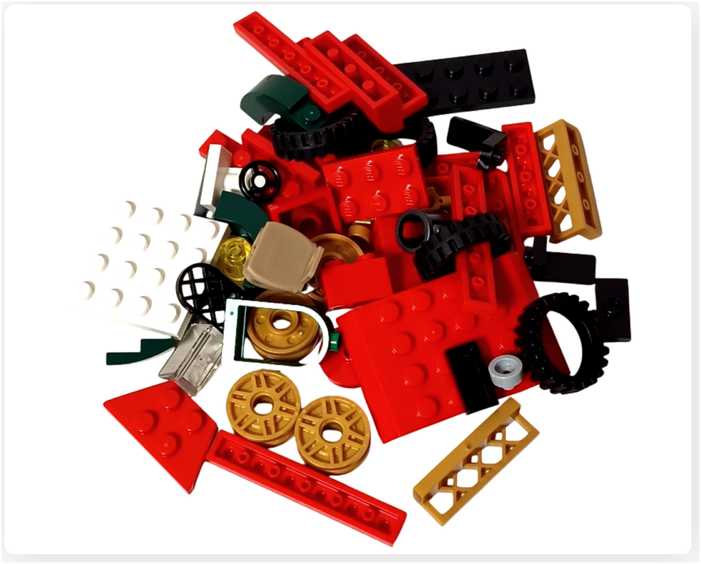 レゴ 40746 シーズナル クリスマスプレゼント配達トラック の袋4パーツ。赤いパネルや金色のホイール、黒いタイヤなどが見え、車体後半を組み立てる部品構成が分かる写真です。