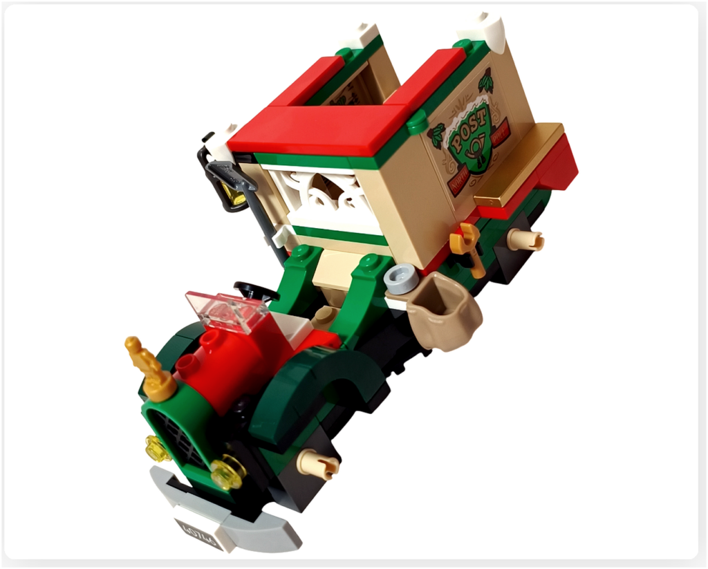 レゴ 40746 シーズナル クリスマスプレゼント配達トラックの荷台前面左側。郵便袋が取り付けられ、手紙や小包を運ぶ設定が分かる写真です。