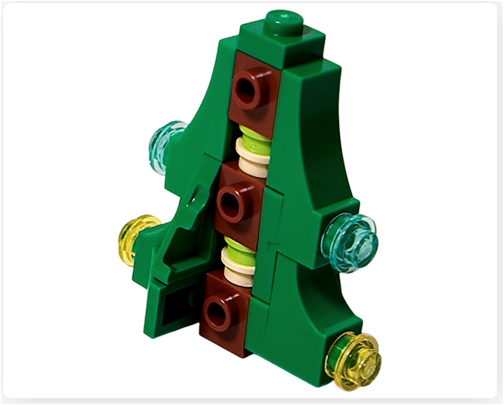 レゴ 40746 シーズナル クリスマスプレゼント配達トラックの付属ツリー。芯となる茶色の柱に最初の緑の葉パーツが取り付けられ、組立途中の段階が分かる写真です。