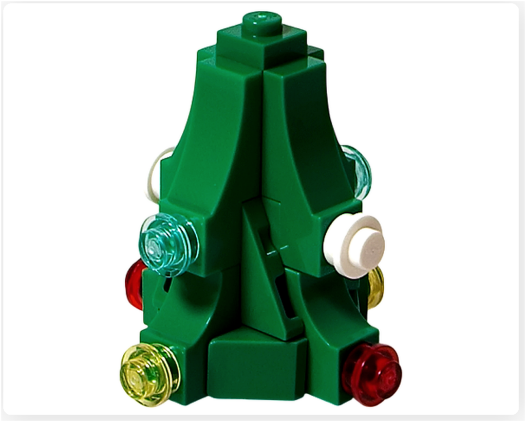 レゴ 40746 シーズナル クリスマスプレゼント配達トラックに付属するミニクリスマスツリー。緑の葉パーツと赤・黄・白の装飾がすべて付き、姿が分かる写真です。