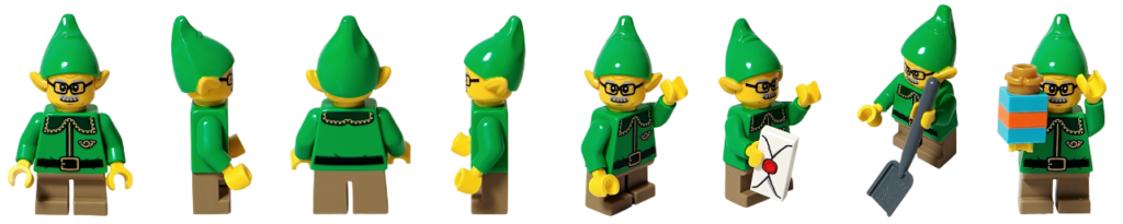 レゴ 40746 シーズナル クリスマスプレゼント配達トラックのエルフ(配達係)のミニフィグを、正面・背面・側面・ポーズ違いの8枚で並べたサムネイル画像です。