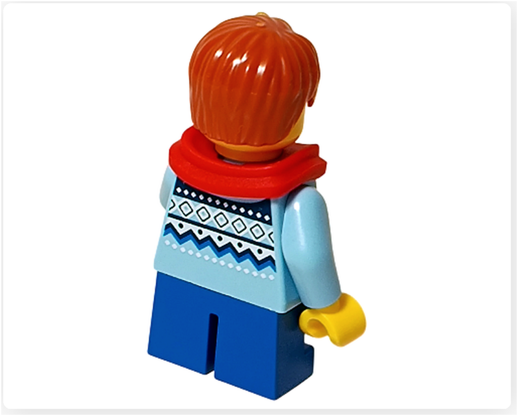 レゴ 40778 雪のあずまや(Winter Gazebo)に含まれるサックス奏者のミニフィグ背面。青いトップスの背中模様と赤いマフラーが見える。