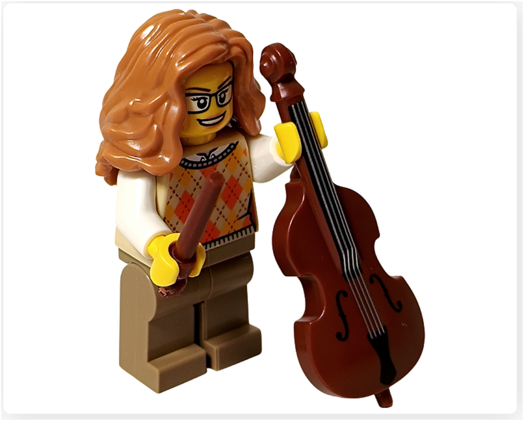 レゴ 40778 雪のあずまや(Winter Gazebo)に含まれるダブルベース奏者のミニフィグ正面。ニット風ベストを着た女性の人物が弦楽器と弓を手にしている。