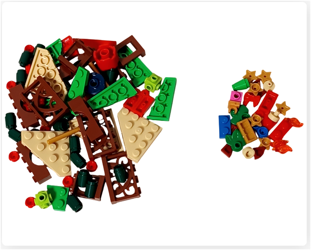 レゴ 40778 雪のあずまや(Winter Gazebo)の組立パート袋2の内容。緑や赤、茶色を中心とした装飾用の要素と小さなパーツが含まれている。