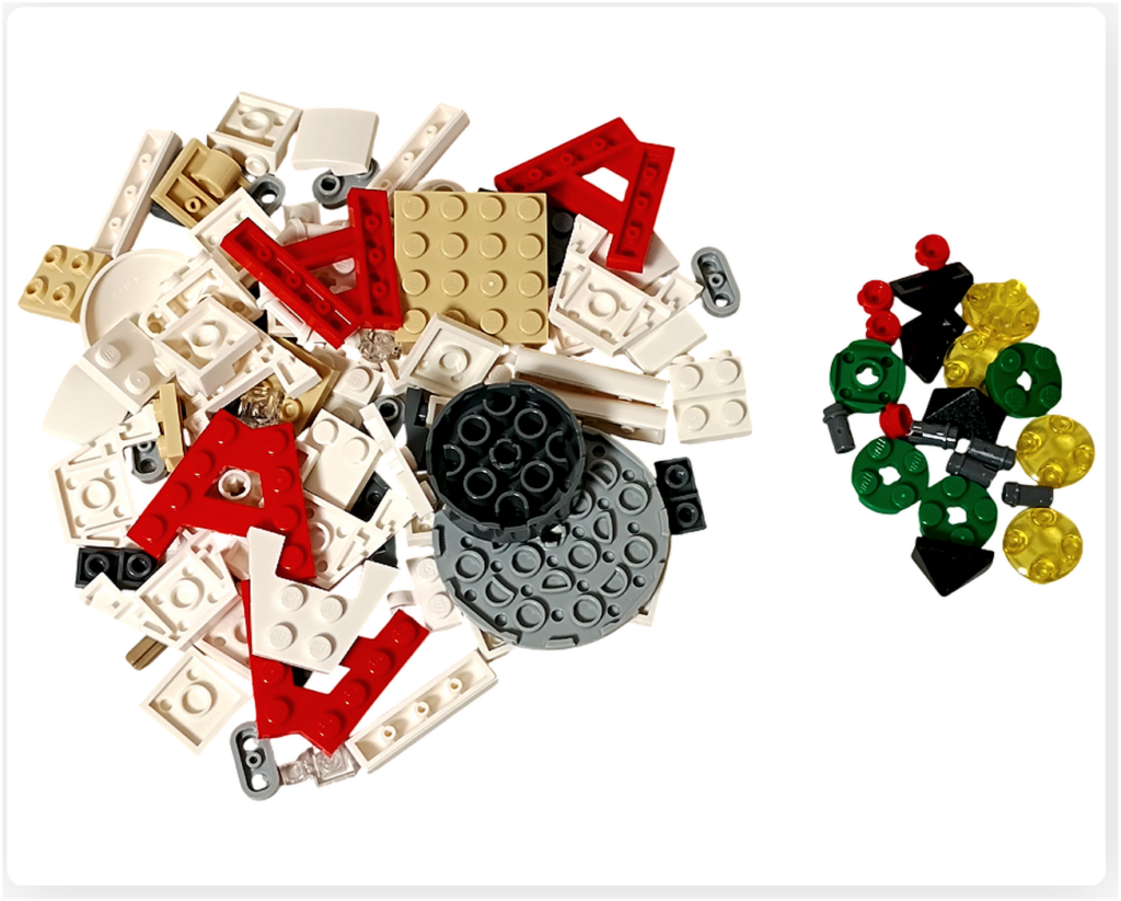 レゴ 40778 雪のあずまや(Winter Gazebo)の組立工程。袋3のパーツ一覧で、白と赤を基調とした屋根用パーツと、緑・黄色の装飾パーツが分けて配置されている。