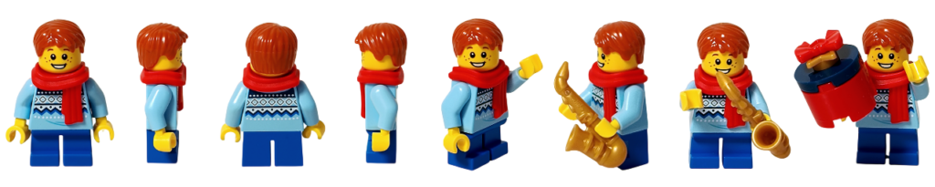 レゴ 40778 雪のあずまや（Winter Gazebo）に含まれるキャロル合唱団のサックス奏者（男の子）ミニフィグのサムネイル。正面・側面・背面・ポーズ違いを並べ、水色のトップスと赤いマフラー、青いパンツ、金色のサックスやプレゼントを持つ姿が確認できる。