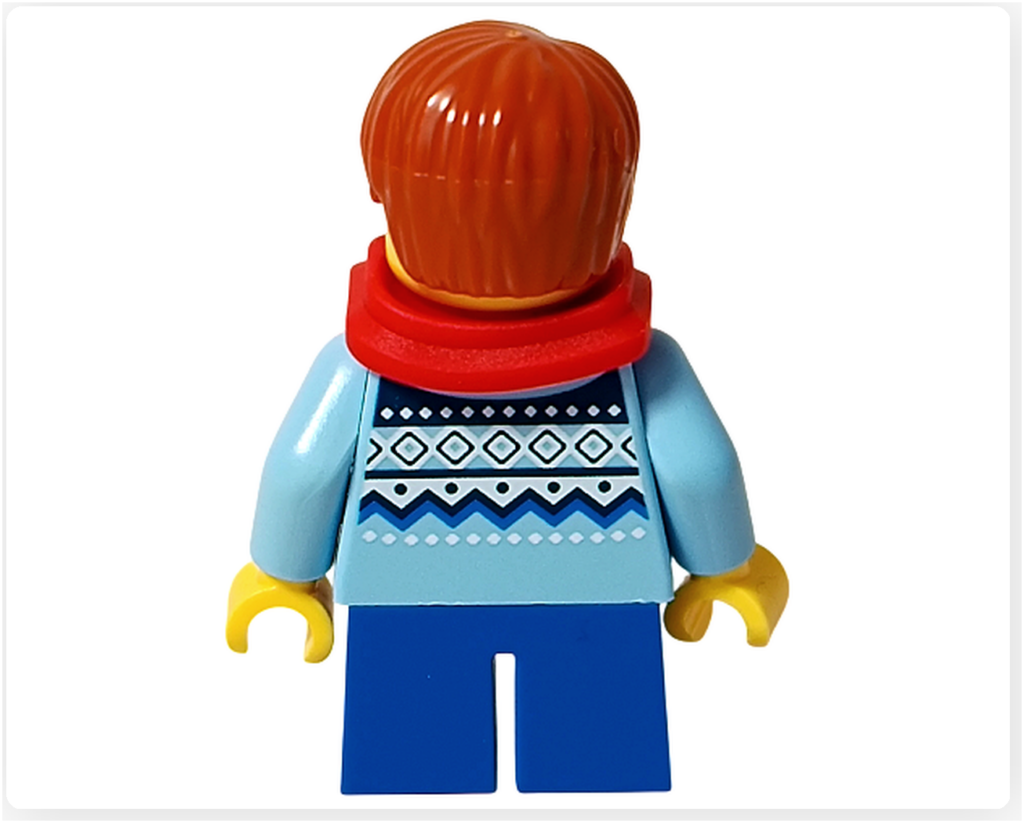 レゴ 40778 雪のあずまや（Winter Gazebo）に含まれるサックス奏者ミニフィグの背面。冬柄がプリントされた水色のトップス背面と、赤いマフラーの巻き方が確認できる。