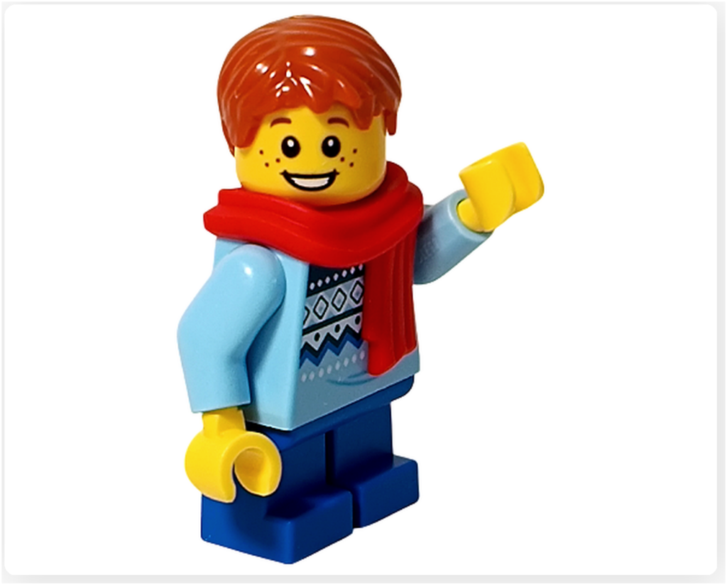 レゴ 40778 雪のあずまや（Winter Gazebo）に含まれるサックス奏者ミニフィグの片手を上げたポーズ。赤いマフラーと水色のトップス、青いパンツを身に着け、笑顔の表情と軽やかな動きが分かる。