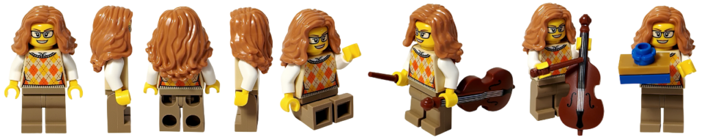 レゴ 40778 雪のあずまや（Winter Gazebo）に含まれるキャロル合唱団のコントラバス奏者（女性）ミニフィグのサムネイル。正面・側面・背面・座りポーズや演奏ポーズを並べ、眼鏡と長い髪、アーガイル柄のトップス、茶色のパンツ、コントラバスやプレゼントを持つ姿が確認できる。
