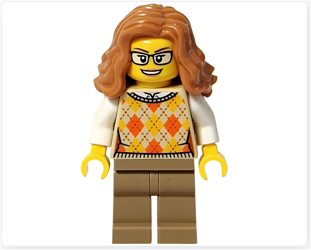 レゴ 40778 雪のあずまや（Winter Gazebo）に含まれるコントラバス奏者ミニフィグの正面。眼鏡をかけた表情と、アーガイル柄のベスト、落ち着いたブラウン系のパンツの組み合わせが分かる。