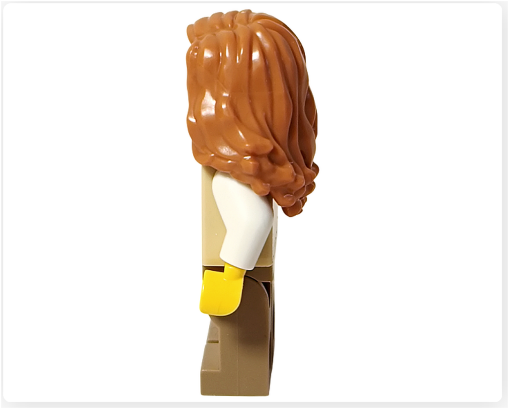 レゴ 40778 雪のあずまや（Winter Gazebo）に含まれるコントラバス奏者ミニフィグの左側面。ロングヘアの流れと、ベストとパンツのシンプルな配色バランスが確認できる。