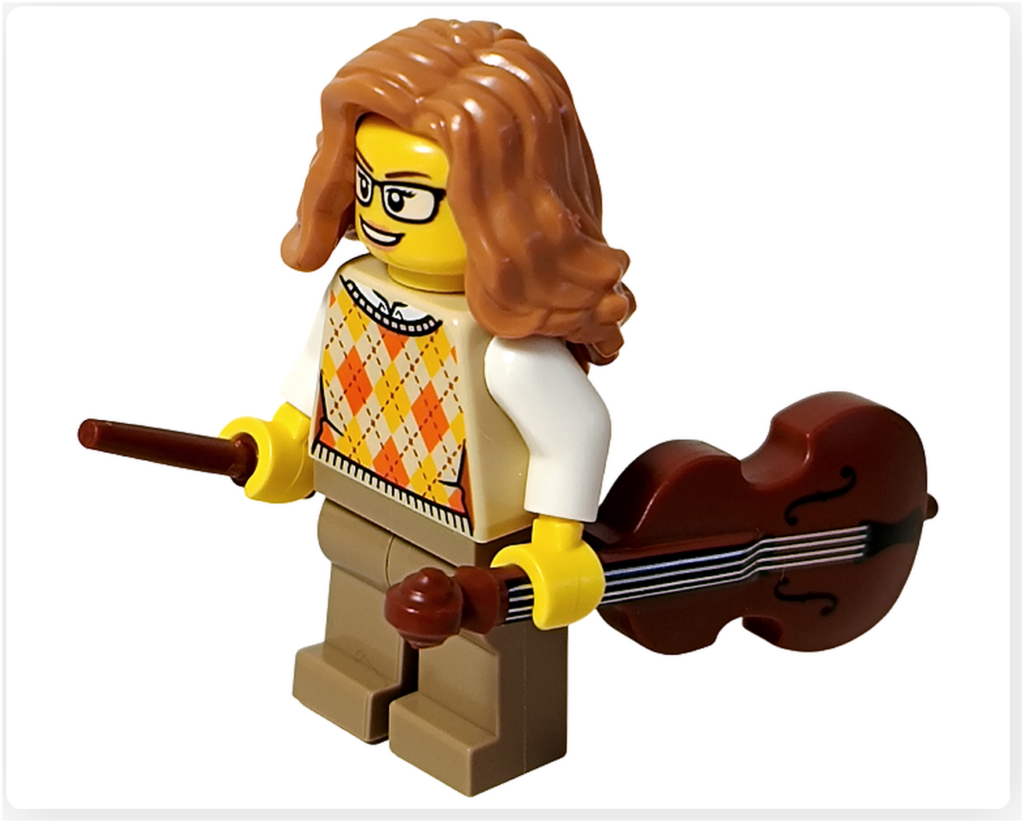 レゴ 40778 雪のあずまや（Winter Gazebo）に含まれるコントラバス奏者ミニフィグのコントラバス持ちポーズ。茶色のコントラバスを手に持ち、ベージュ系トップスとブラウンのパンツ、眼鏡をかけた表情が確認できる。