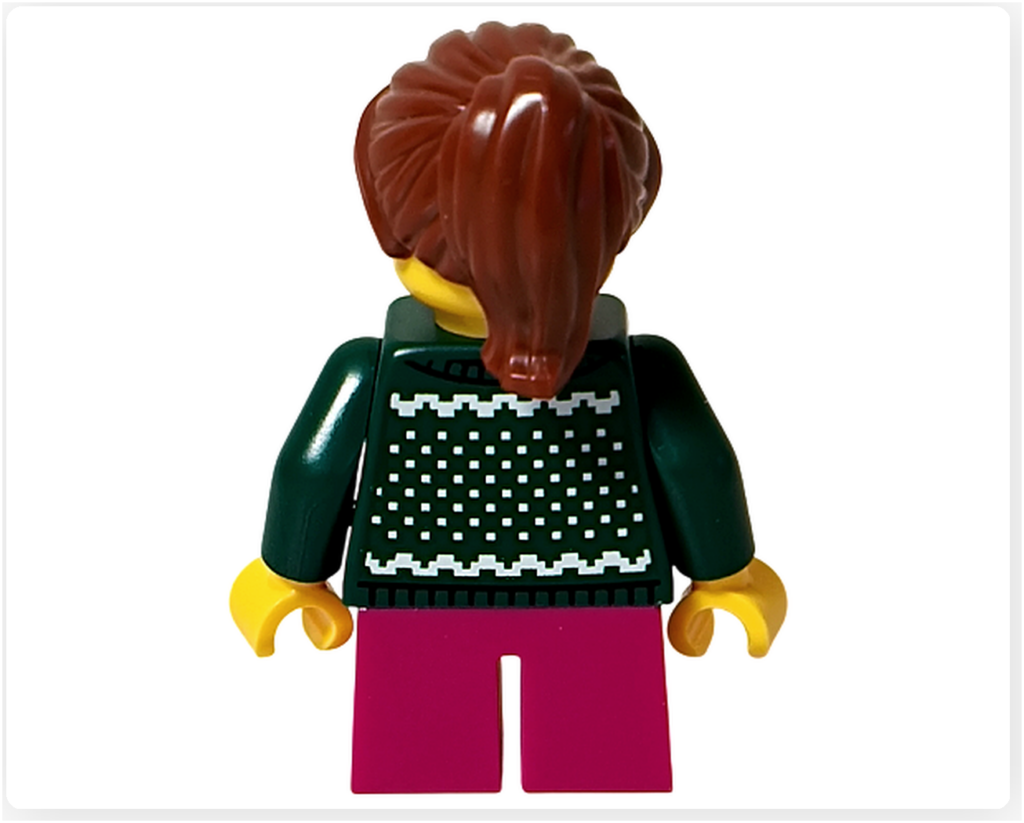 レゴ 40778 雪のあずまや（Winter Gazebo）に含まれる歌い手ミニフィグの背面。雪模様がプリントされたグリーンのトップス背面と、ピンクのパンツの組み合わせが確認できる。