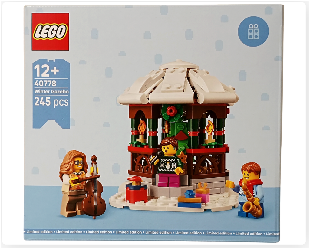 レゴ 40778 雪のあずまや（Winter Gazebo）のパッケージ正面。冬のガゼボと音楽を奏でるミニフィグが描かれたデザイン。