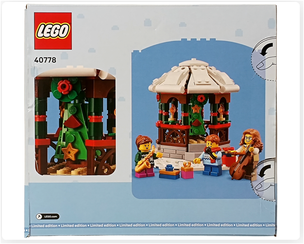 レゴ 40778 雪のあずまや（Winter Gazebo）のパッケージ裏面。ガゼボの構造やミニフィグの配置、小物の情景が紹介されている。