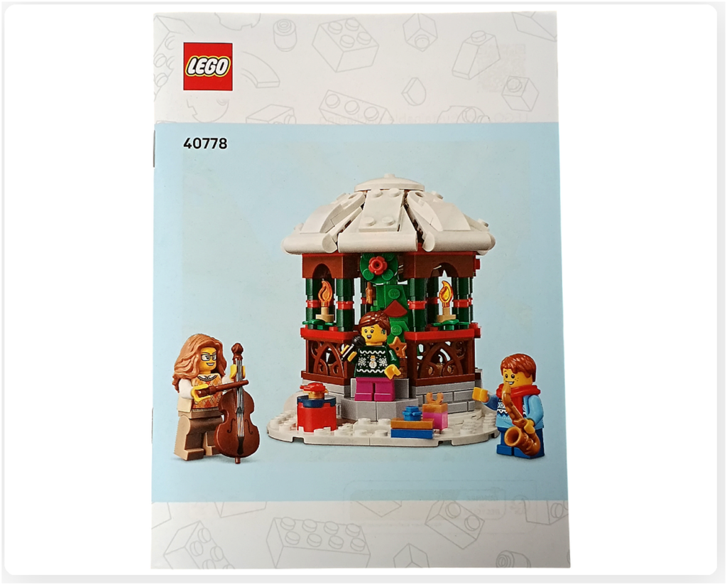 レゴ 40778 雪のあずまや（Winter Gazebo）の組立説明書表紙。ガゼボと音楽を奏でるミニフィグが描かれている。