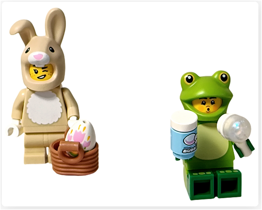 レゴ コレクタブル 71051「ミニフィギュア シリーズ28」 カエルのコスチュームとウサギのコスチューム 草の上の距離感 完成シーン
