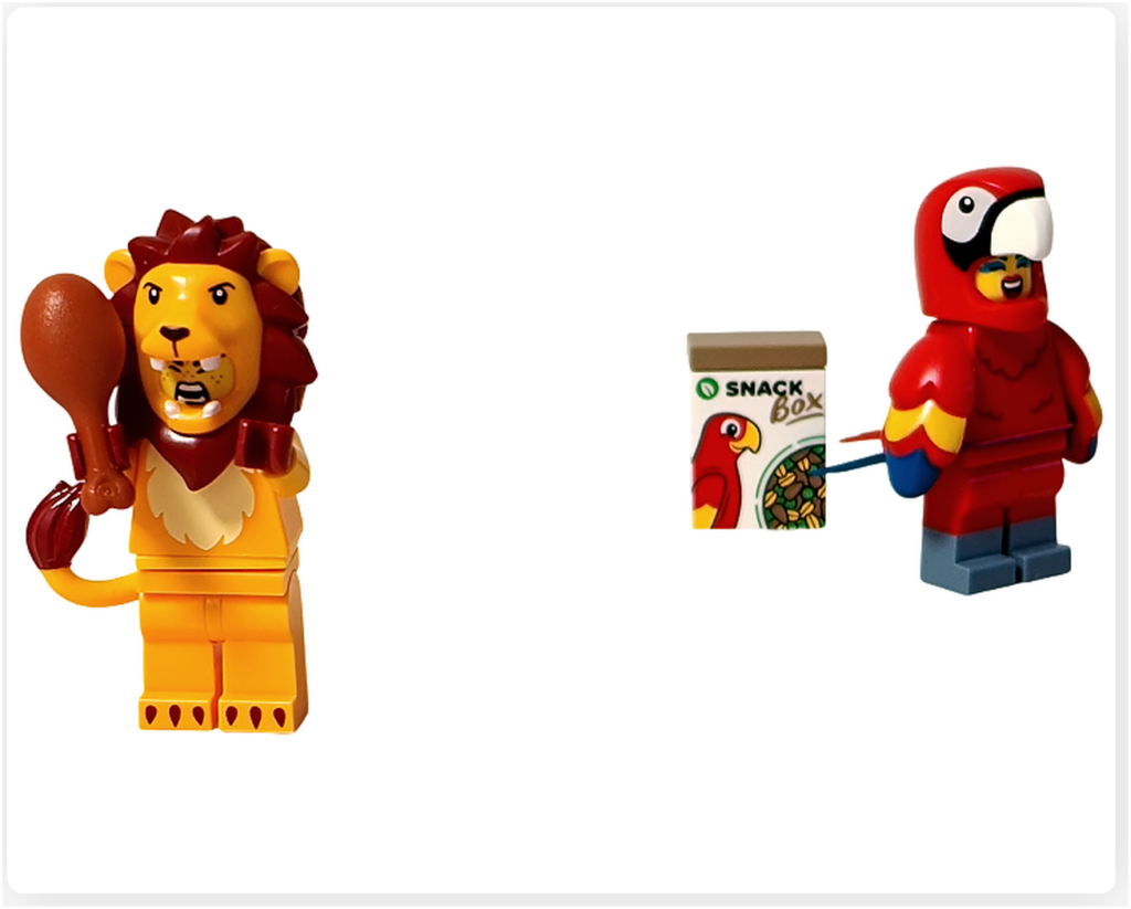 レゴ コレクタブル 71051「ミニフィギュア シリーズ28」 ライオンのコスチュームとオウムのコスチューム 強さと色が残す間 完成シーン