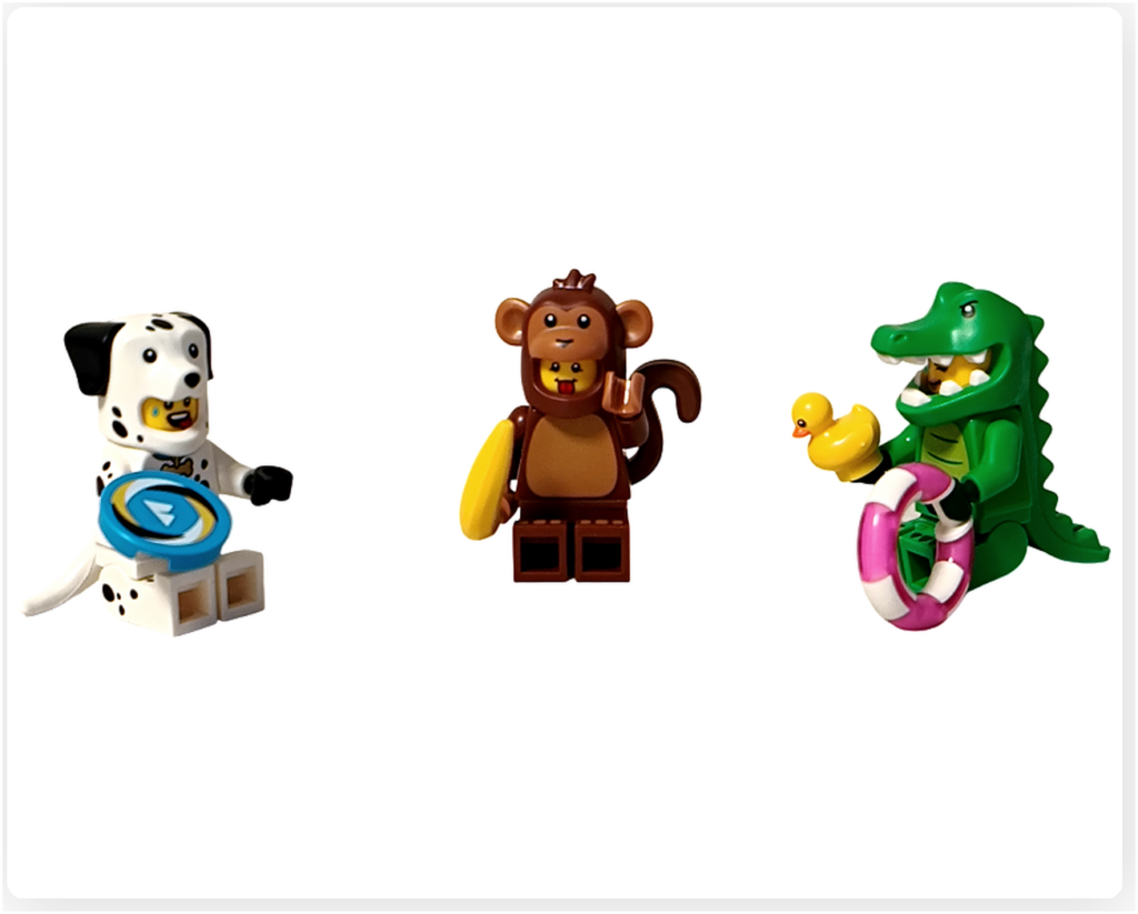 レゴ コレクタブル 71051「ミニフィギュア シリーズ28」 ダルメシアンのコスチューム・サルのコスチューム・ワニのコスチューム 外側がつくる境界線 完成シーン