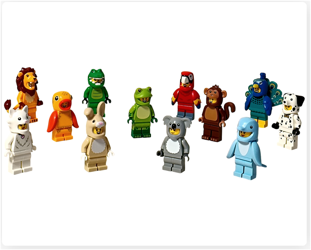 レゴ コレクタブル 71051「ミニフィギュア シリーズ28」 動物コスチューム12体を弧状に並べた完成シーン クジャク・ネコ・金魚・サル・カエル・コアラ・ダルメシアン・ワニ・イルカ・ウサギ・ライオン・オウム