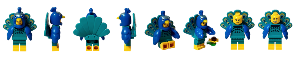 レゴ コレクタブル 71051「ミニフィギュア シリーズ28」クジャクのコスチューム 各角度と状態の一覧