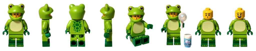 レゴ コレクタブル 71051「ミニフィギュア シリーズ28」カエルのコスチューム ミニフィギュア 正面・側面・背面・座りポーズ・付属パーツ・被り物なし表情を並べたサムネイル画像