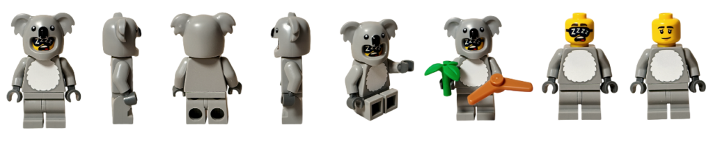 レゴ コレクタブル 71051「ミニフィギュア シリーズ28」コアラのコスチューム ミニフィギュア 正面・側面・背面・座りポーズ・付属パーツ・被り物なし表情を並べたサムネイル画像